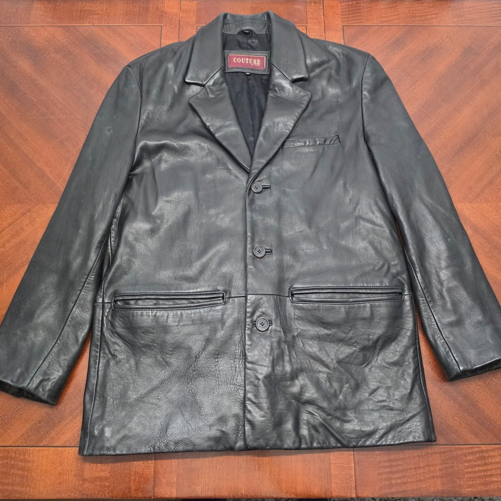Couture by J. Park Leather Blazer Mens M Black 3 Button Jacket Professional Chic
